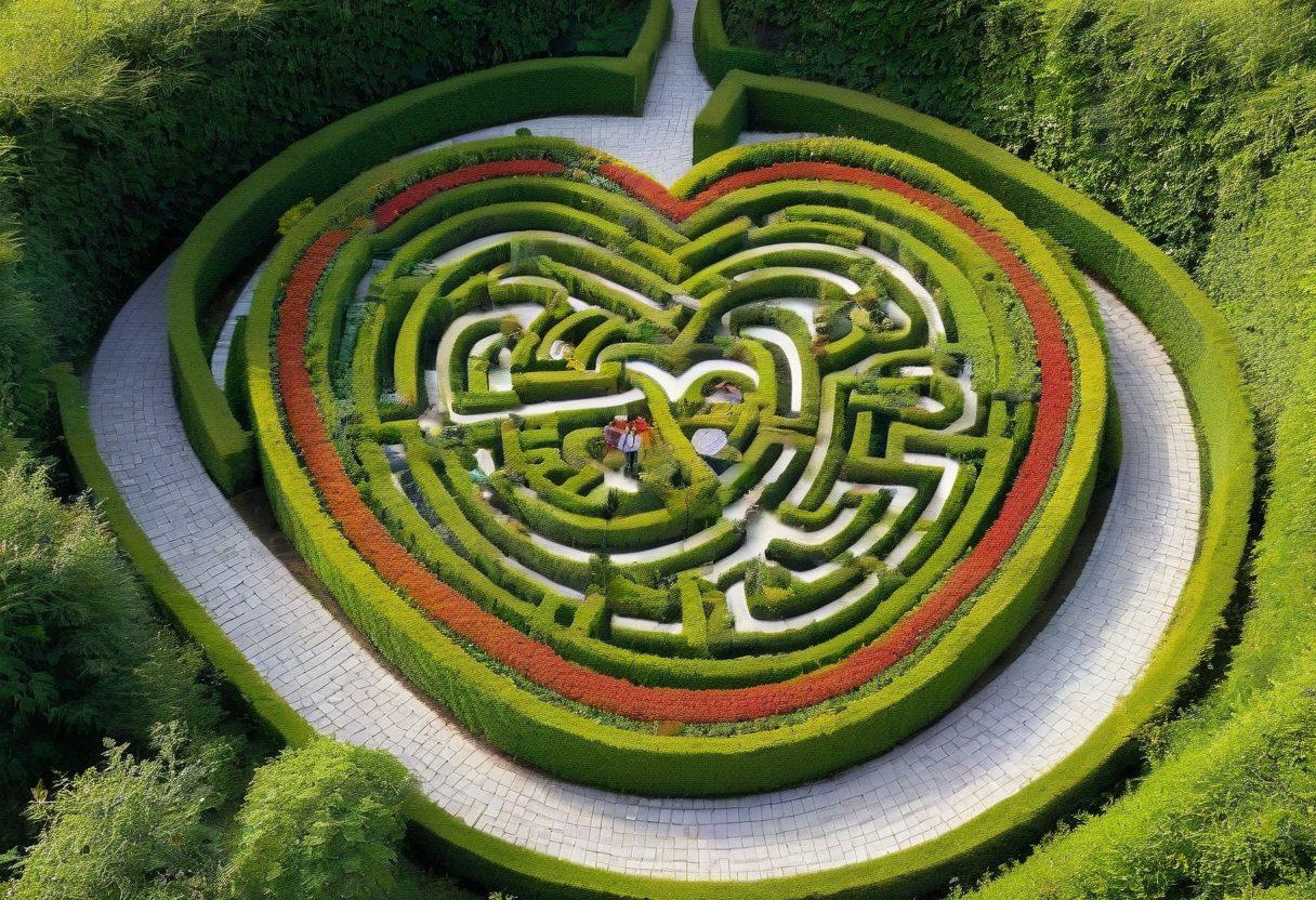 A whimsical maze made of colorful hedges, where different paths are adorned with symbols of diverse passions like art, travel, and sports. In the center, a couple joyfully exploring the maze, holding hands and discussing insurance policies. Bright sunshine peeking through the leaves, casting a warm glow on the scene. Include small signposts with policy options and heart-shaped accents. vibrant colors. illustration style.