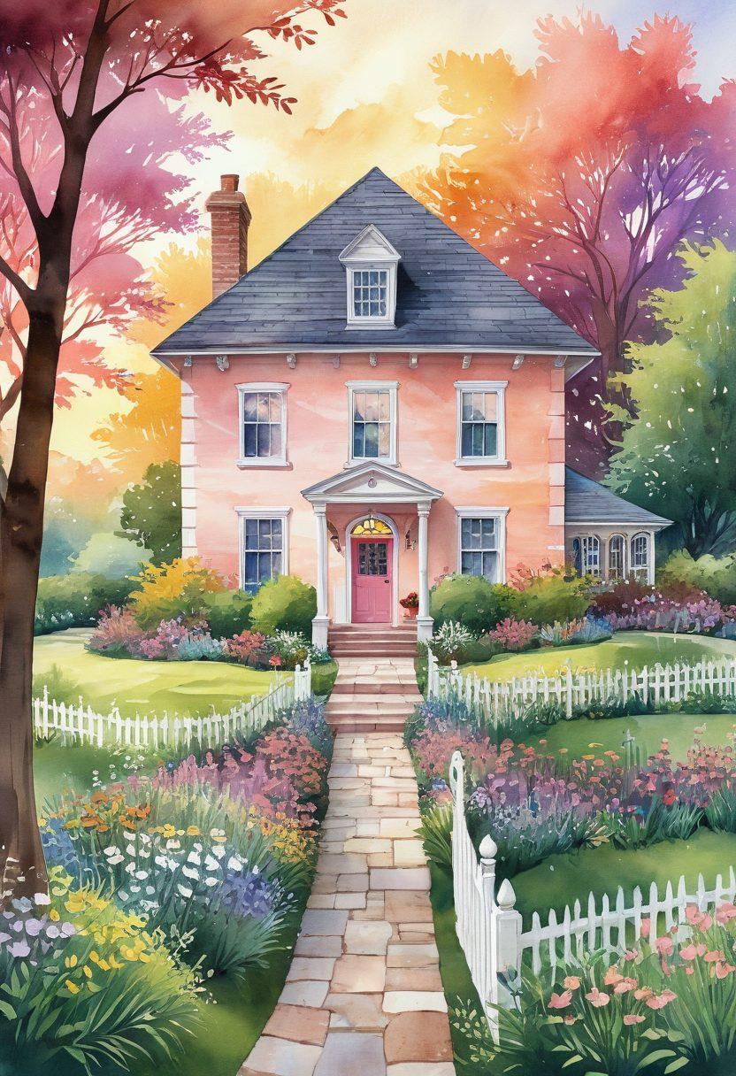 An artistic depiction of a heart-shaped house nestled within a lush garden, radiating warmth and safety. Around it, diverse couples are exchanging keys and love letters, symbolizing the union of love and protection. Soft pastel colors fill the scene, creating a serene atmosphere. Delicate insurance documents float gently in the air, representing the essential guide theme. A gentle sunset illuminates the background, enhancing the feeling of comfort and security. watercolor. soft pastels. harmonious composition.
