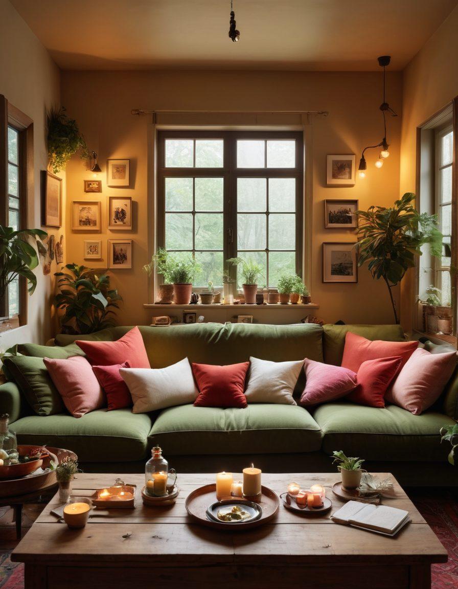 A cozy, inviting living room adorned with heart-shaped decor and warm, ambient lighting. In the center, a couple enjoys a heartfelt moment, surrounded by framed memories and a home-cooked meal on the table. Soft pillows, plants, and personal mementos create a nurturing atmosphere. The overall mood should evoke love and connection. super-realistic. vibrant colors. warm tones.
